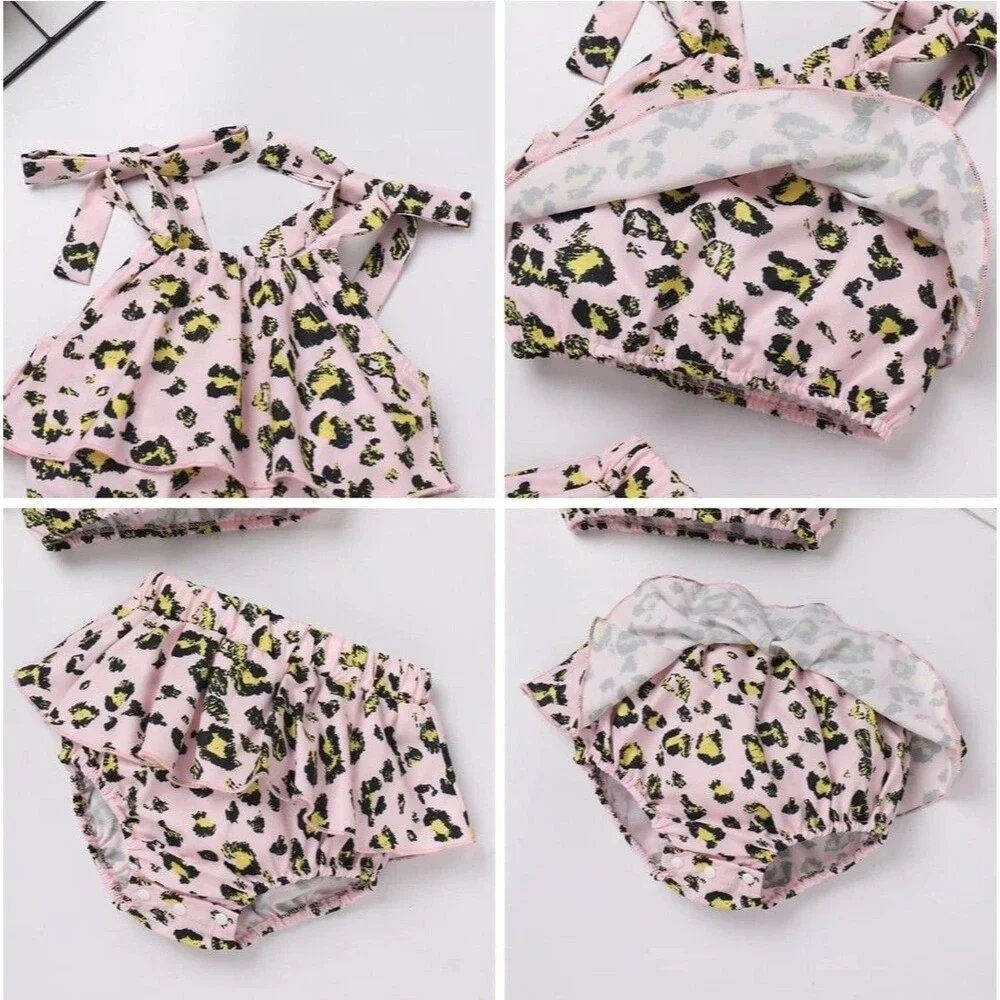 Baby Girl Leopard Romper Set 0-3 Months Pink Bow Headband Outfit
